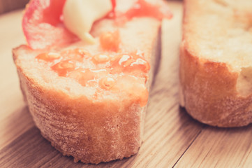 Tomato juice with seeds on tapas. Filter pastel