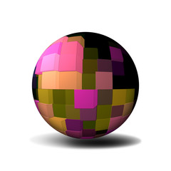 Sfera 3D con cubi colorati su fondo bianco.