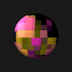Sfera 3D con cubi colorati su fondo nero.