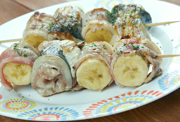 kebabs mackerel, banana and bacon