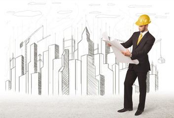 Engineer man with building city drawing in background