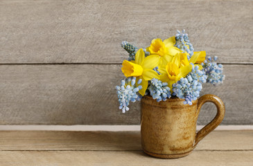 Bouquet of daffodils and blue muscari (Grape hyacinth)
