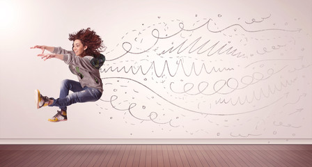 Pretty woman jumping with hand drawn lines and arrows come out