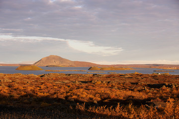 Fototapeta na wymiar Beautiful landscape panorama with famous icelandic lake region m