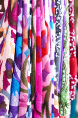 Set of pattern scarves hanging at oriental bazaar in Istanbul