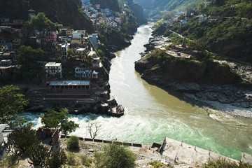 Confluence of the Alaknanda and Bhagirathi rivers to form the Ga