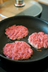 Ground beef patties in the pan.