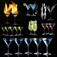 Collage of different cocktails on black background