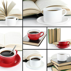 Obraz premium Books and cups compositions in collage, Reading concept