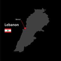 Detailed map of Lebanon and capital city Beirut with flag on