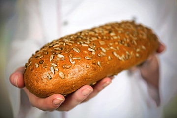 Fresh bread in female hands on light blurred background