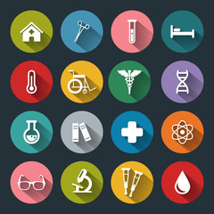 Set of vector Medical Icons in flat style with long shadows