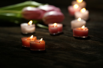 Romantic atmosphere with candle lights and flowers
