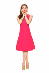 Full body portrait of surprising woman.
