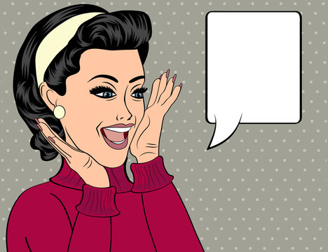 pop art cute retro woman in comics style with message