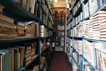 Many books on bookshelf in library