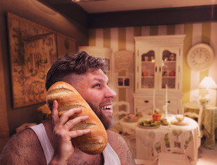 Strange man listening to something in bread