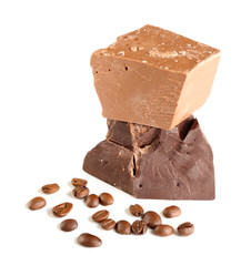 Chocolate bars with coffee beans isolated on white