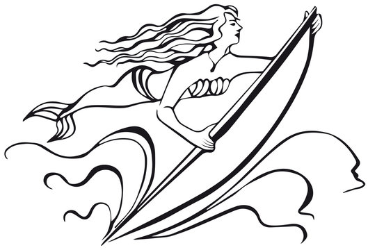 mermaid with a surfboard. silhouette of woman.