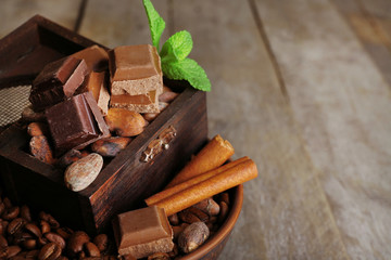 Still life with set of chocolate, coffee beans and spice