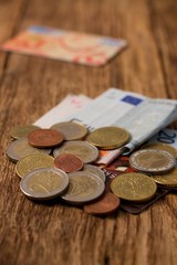 Pile of Euro coins, bills and credit cards