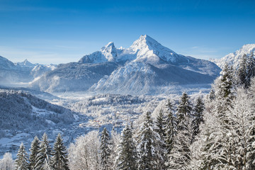 Town of Berchtesgaden with Watzmann mountain in winter, Bavaria