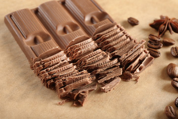 Chopped chocolate on parchment, closeup