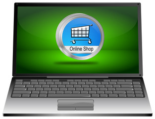 Laptop mit Online Shop Button