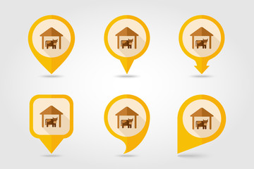 Cowshed flat mapping pin icon with long shadow