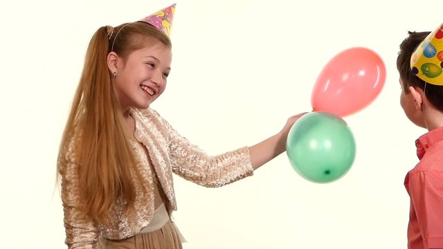 Girl shows other balloons, and he eats them! girlfriend a lot of