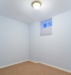 Empty basement bedroom with carpet