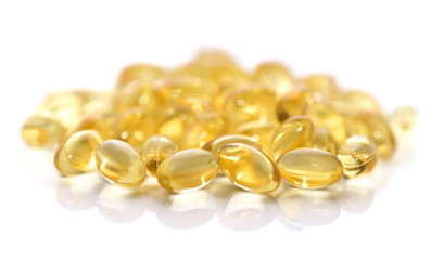 Cod liver oil omega 3 gel capsules isolated on white background