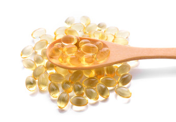 Cod liver oil omega 3 gel capsules isolated on white background