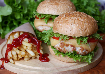 fast food Hamburger Burger Cheeseburger, fried potato and ketchu