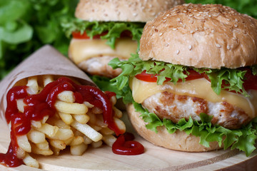 fast food Hamburger Burger Cheeseburger, fried potato and ketchu