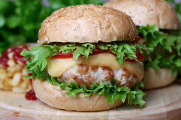 fast food Hamburger Burger Cheeseburger, fried potato and ketchu