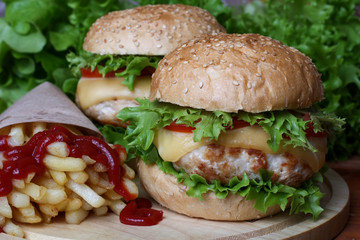 fast food Hamburger Burger Cheeseburger, fried potato and ketchu