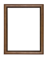 Wooden picture frame on white background.