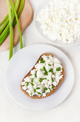 Sandwich with curd cheese and green onion