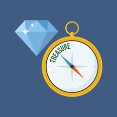 Compass points to treasure. Flat design.