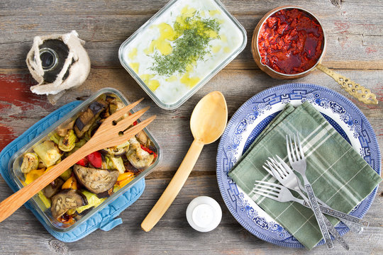 Grilled veggies, tzatziki, cacik and pepper paste