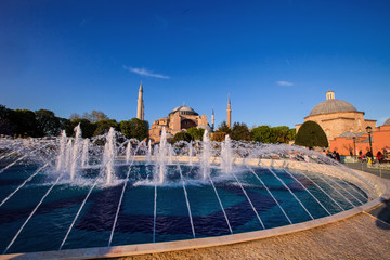 fountain in the background mosque Aya Sofia, Istanbul Turkey