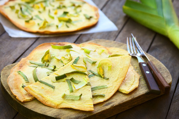 French vegetarian Tarte Flambee with cream and leek