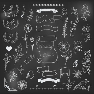 Chalk Catchwords, ribbons, ampersands design elements set