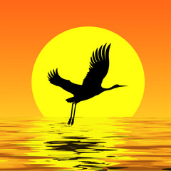 Crane on the background of the moon