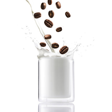 Coffee Beans Falling on Milk Splash