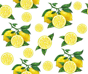 Watercolor drawing of lemon. Seamless pattern