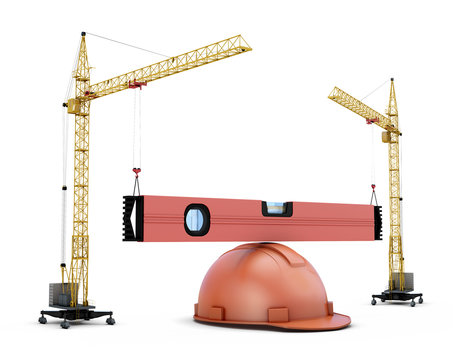 Two construction cranes raise the construction level lying on a