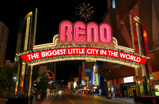 Famous "The Biggest Little City in the World" sign at night in R
