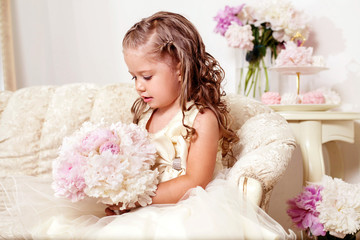 Girl with peony bouquet